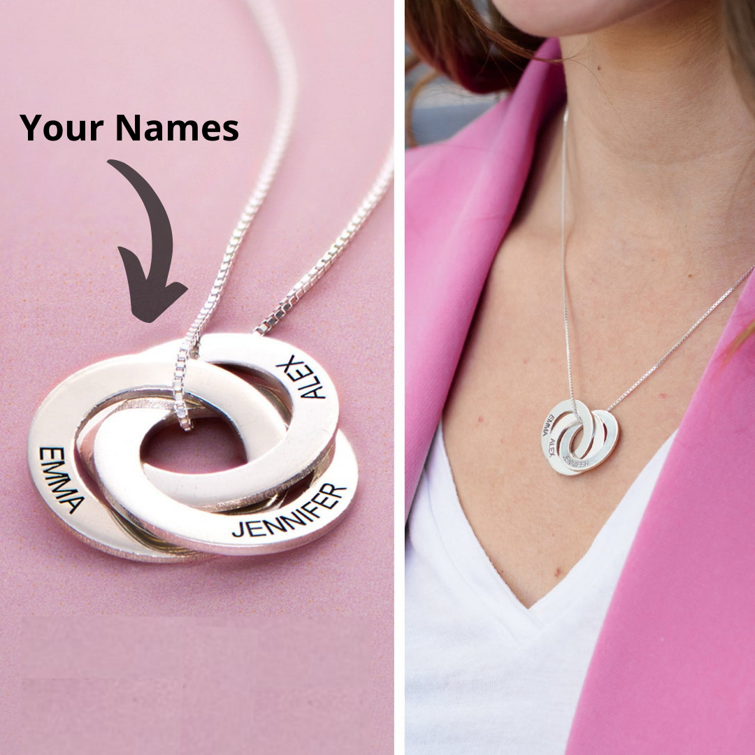 Silver Three Name Ring Necklace with Engraving