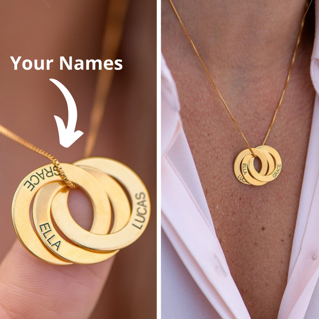Gold Three Name Ring Necklace with Engraving